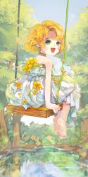 Rule 34 | 1girl, :d, absurdres, arm support, bare shoulders, barefoot, biba (wldpdjssl), blonde hair, child, dress, feet, flower, green eyes, highres, open mouth, original, plant, pond, reflection, short hair, smile, soles, solo, strapless, strapless dress, swing, swing set, toes, tree, vines, water, wavy hair