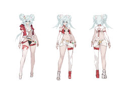 Rule 34 | absurdres, bare legs, bell, bikini, bikini skirt, bikini under clothes, black bikini, blue eyes, blue hair, breasts, clothing cutout, commentary request, cropped jacket, detached sleeves, double bun, fang, florence (neural cloud), from behind, full body, girls&#039; frontline, girls&#039; frontline neural cloud, hair between eyes, hair bun, hair ornament, hair ribbon, hairpin, heart, heart-shaped pupils, high heels, highres, hip focus, jacket, long hair, miniskirt, multiple girls, navel, neck bell, o-ring, o-ring bikini, o-ring bottom, one-piece swimsuit, open clothes, open jacket, pa-15 (girls&#039; frontline), pom pom (clothes), red jacket, red ribbon, ribbon, shanyao jiang tororo, single bare leg, single detached sleeve, single thighhigh, skirt, small breasts, smile, standing, star cutout, stomach cutout, swimsuit, swimsuit under clothes, symbol-shaped pupils, thighhighs, twintails, very long hair, white hair, white skirt