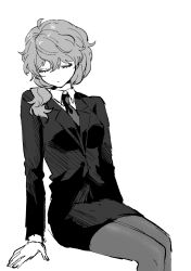 Rule 34 | 1girl, arms at sides, blazer, closed eyes, closed mouth, collared shirt, commentary request, expressionless, formal, genderswap, genderswap (mtf), greyscale, hair over shoulder, highres, invisible chair, jacket, kimi ga shine, lapels, layered sleeves, long sleeves, low ponytail, medium hair, midori (kimi ga shine), miniskirt, monochrome, necktie, no nose, pantyhose, pencil skirt, shirt, simple background, sitting, skirt, skirt suit, solo, suit, suit jacket, uououoon, white background