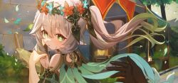 Rule 34 | 1girl, 1other, camunekoz, cape, cross-shaped pupils, detached sleeves, dress, food, genshin impact, grass, green cape, green eyes, hair between eyes, hair ornament, head wreath, highres, holding, holding food, long hair, looking at viewer, looking back, multicolored hair, nahida (genshin impact), outdoors, pointy ears, pov, pov hands, side ponytail, streaked hair, symbol-shaped pupils, white dress, white hair