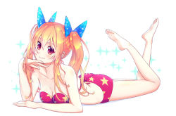 Rule 34 | 1girl, ass, bare arms, bare legs, barefoot, bikini, blonde hair, blue bow, bow, breasts, cleavage, collarbone, commentary request, crossed legs, feet, full body, hair bow, highres, ktl (kuoting), long hair, looking at viewer, lying, medium breasts, on stomach, original, pink bikini, pink eyes, print bikini, sidelocks, solo, sparkle, star (symbol), star print, swimsuit, the pose