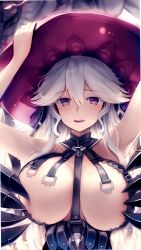 Rule 34 | 10s, 1girl, arms up, breasts, close-up, granblue fantasy, hair between eyes, hat, highres, huge breasts, large breasts, long hair, looking at viewer, magisa (granblue fantasy), open mouth, purple eyes, silver hair, smile, solo, teeth, tongue, tranquillianusmajor, upper body, witch hat
