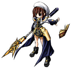 Rule 34 | 00s, 1girl, bad id, bad pixiv id, belt, brown eyes, brown hair, buckle, floating, floating object, full body, hair ornament, lance, legs apart, looking afar, lyrical nanoha, mahou shoujo lyrical nanoha, mahou shoujo lyrical nanoha strikers, polearm, schwertkreuz, simple background, solo, staff, standing, tome of the night sky, uniform, weapon, white background, x hair ornament, yagami hayate, yuuka (o.t.kingdom)