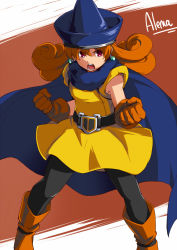 Rule 34 | 1girl, alena (dq4), angry, black pantyhose, boots, cape, character name, chunsoft, curly hair, dragon quest, dragon quest iv, earrings, enix, full body, gloves, hat, jewelry, knee boots, long hair, no~ma, open mouth, orange hair, pantyhose, red eyes, simple background, skirt, solo, square enix, two-tone background, witch hat, yellow skirt