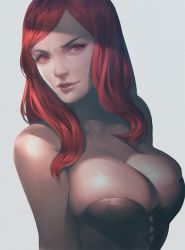 Rule 34 | bare shoulders, breasts, bursting breasts, bustier, cleavage, collarbone, evil smile, head tilt, large breasts, lips, long hair, looking at viewer, original, parted lips, red eyes, red hair, simple background, smile, solo, upper body, wavy hair, white background, zerosabort