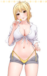 Rule 34 | 1girl, :p, absurdres, bikini, bikini under clothes, blonde hair, blush, breasts, candy, cleavage, crop top, food, front-tie top, grey shorts, highres, holding, holding candy, holding food, holding lollipop, large breasts, lollipop, love live!, love live! nijigasaki high school idol club, midriff, miyashita ai, navel, no bra, open fly, ponytail, pulled by self, shirt, short shorts, shorts, side-tie bikini bottom, sidelocks, simple background, solo, standing, stomach, strap pull, swimsuit, tongue, tongue out, white background, white shirt, yellow bikini, yellow eyes, yonsi