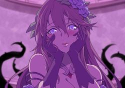 Rule 34 | 1girl, blurry, blush, breasts, cleavage, commentary request, depth of field, flower, gloves, granblue fantasy, hair between eyes, hair flower, hair ornament, hands on own cheeks, hands on own face, highres, jewelry, kakage, long hair, looking at viewer, necklace, parted lips, purple theme, rosetta (granblue fantasy), solo, upper body, yandere trance