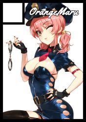 Rule 34 | 10s, 1girl, armlet, artist name, belt, belt buckle, black border, black thighhighs, blue hat, blush, border, breasts, buckle, cleavage, commentary request, cowboy shot, cuffs, earrings, fingerless gloves, fingernails, garter straps, gloves, hand on own hip, handcuffs, hat, head tilt, holding, idolmaster, idolmaster cinderella girls, jewelry, jougasaki mika, long fingernails, long hair, looking at viewer, low twintails, medium breasts, nail polish, necktie, one eye closed, parted lips, pink hair, pink nails, police, police hat, police uniform, policewoman, red necktie, shiny skin, short necktie, short sleeves, simple background, smile, solo, spiked armlet, spikes, stud earrings, thighhighs, tsurime, twintails, uniform, white background, wince, yd (orange maru), yellow eyes