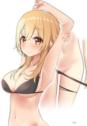 Rule 34 | 1girl, arm behind head, arms up, bikini, bikini pull, black bikini, blonde hair, breasts, brown eyes, cleavage, closed mouth, clothes pull, collarbone, commentary request, cropped legs, genshin impact, groin, hair between eyes, highres, large breasts, lineflo, long hair, lumine (genshin impact), medium breasts, multiple views, navel, pulled by self, revision, signature, simple background, smile, solo, swimsuit, white background