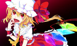 Rule 34 | 1girl, ascot, blonde hair, bow, crystal, dress, fangs, female focus, licking finger, flandre scarlet, frilled dress, frills, hat, highres, kaida michi, licking, open mouth, red dress, red eyes, side ponytail, slit pupils, solo, embodiment of scarlet devil, tongue, touhou, wings, wrist cuffs