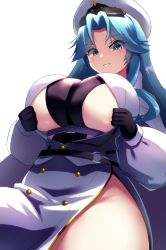 Rule 34 | 1girl, azur lane, black gloves, blue eyes, blue hair, breasts, clothes pull, clothing cutout, from below, gloves, gold trim, hat, large breasts, long hair, long sleeves, looking at viewer, looking down, military hat, no panties, oboenikui namae, puffy sleeves, pulling own clothes, side cutout, simple background, solo, sovetskaya belorussiya (azur lane), underboob, white background, white hat