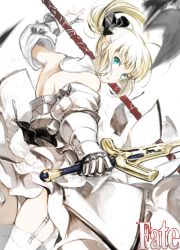 Rule 34 | 1girl, armor, artoria pendragon (all), artoria pendragon (fate), bare back, bare shoulders, blonde hair, caliburn (fate), detached sleeves, fate/stay night, fate/unlimited codes, fate (series), garter straps, gauntlets, green eyes, ponytail, saber (fate), saber lily, simple background, solo, sword, thighhighs, weapon, yunar