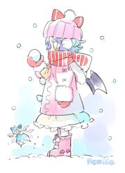 Rule 34 | 2girls, bat wings, blue dress, blush, character name, cirno, dress, from side, holding, morino hon, multiple girls, open mouth, pom pom (clothes), remilia scarlet, scarf, sketch, snow, snow boots, snowball, snowing, touhou, wings