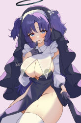 Rule 34 | 1girl, absurdres, alternate costume, ash (cat7evy), black dress, black gloves, blue archive, blush, breast curtains, breasts, cleavage, detached sleeves, dress, gloves, groin, half gloves, halo, highres, large breasts, nun, pelvic curtain, pink background, purple eyes, purple hair, see-through, signature, simple background, solo, sweatdrop, thick thighs, thighhighs, thighs, twitter username, two side up, white thighhighs, yuuka (blue archive)