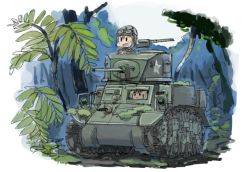 Rule 34 | 2girls, closed mouth, fairy (kancolle), hat, helmet, jura cambri, kantai collection, military, military uniform, military vehicle, motor vehicle, multiple girls, open mouth, outdoors, tank, tree, uniform, vehicle request