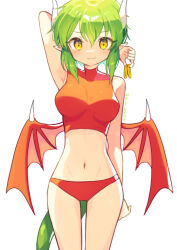 Rule 34 | 1girl, absurdres, arm behind head, arm up, artist name, bikini, blush, breasts, closed mouth, draco centauros, dragon girl, dragon horns, dragon tail, dragon wings, green hair, highres, horns, looking at viewer, medium breasts, navel, offbeat, puyopuyo, red bikini, short hair, simple background, smile, solo, swimsuit, tail, white background, wings