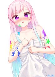 Rule 34 | 1girl, absurdres, airani iofifteen, blush, breasts, hair down, highres, hololive, hololive indonesia, long hair, medium breasts, naked towel, paint on body, pink hair, purple eyes, signature, solo, towel, virtual youtuber, white background