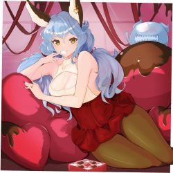 Rule 34 | 1girl, animal ears, armpit peek, bare shoulders, blue hair, breasts, candy, chocolate, clothing cutout, ear piercing, erune, ferry (granblue fantasy), food, ghost, granblue fantasy, hair between eyes, highres, inuinuo gataken, jewelry, large breasts, leggings, long hair, looking at viewer, lying, mouth hold, on side, pantyhose, piercing, pillow, ring, solo, sweater, turtleneck, turtleneck sweater, twintails, valentine, yellow eyes