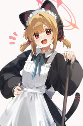 Rule 34 | 1girl, animal ear headphones, animal ears, apron, black dress, blonde hair, blue archive, blush, cat tail, dress, fake animal ears, halo, headphones, higa (gominami), highres, long sleeves, maid apron, momoi (blue archive), momoi (maid) (blue archive), official alternate costume, open mouth, pink halo, puffy long sleeves, puffy sleeves, red eyes, short hair, smile, solo, tail, white apron