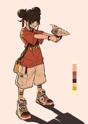 Rule 34 | 1girl, aiming, bag, bracelet, brown hair, cargo shorts, closed mouth, color guide, double bun, earrings, fang, fang out, full body, gaako illust, gun, hair bun, highres, holding, holding gun, holding weapon, jewelry, original, red shirt, shirt, shoes, short hair, short sleeves, shorts, shoulder bag, simple background, sneakers, socks, solo, standing, t-shirt, weapon, white shorts, yellow socks