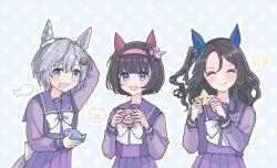 Rule 34 | 3girls, ^ ^, animal ears, arm behind head, blue eyes, blush, bow, bowtie, brown hair, closed eyes, closed mouth, ear covers, grey hair, hair ornament, hands up, holding, horse ears, horse girl, horse tail, king halo (umamusume), long sleeves, looking at viewer, medium hair, micca (suisuisuigyo), multiple girls, nishino flower (umamusume), one side up, open mouth, purple eyes, purple shirt, purple skirt, sailor collar, seiun sky (umamusume), shirt, short hair, skirt, smile, star (symbol), tail, umamusume, upper body, wallet, x hair ornament