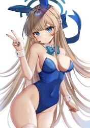 Rule 34 | 1girl, aqua bow, aqua bowtie, arm at side, bare shoulders, blonde hair, blue archive, blue bow, blue eyes, blue leotard, blue nails, bow, bowtie, braid, breasts, closed mouth, covered navel, cowboy shot, detached collar, earpiece, expressionless, fingernails, groin, hair bow, halo, hand up, highleg, highleg leotard, highres, leotard, long hair, medium breasts, microphone, nail polish, official alternate costume, sailorleyla, simple background, solo, strapless, strapless leotard, toki (blue archive), toki (bunny) (blue archive), v, very long hair, watermark, white background, white wrist cuffs, wrist cuffs