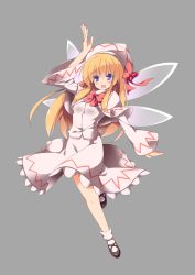 Rule 34 | 1girl, :d, absurdres, blonde hair, blue eyes, blush, bobby socks, bow, fairy wings, female focus, hat, hat bow, highres, lily white, long hair, long sleeves, looking at viewer, multiple wings, open mouth, sakurame, simple background, smile, socks, solo, touhou, white socks, wings