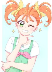 Rule 34 | 1girl, bow, green eyes, grin, hair bow, hair strand, highres, jewelry, momotarouooi, natsuumi manatsu, necklace, one eye closed, orange hair, precure, shell, shell necklace, smile, solo, sparkle, tropical-rouge! precure, twintails, yellow bow