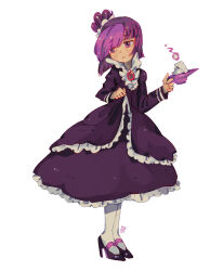 Rule 34 | 1girl, benzbt, blackberry cookie, blush, brooch, candle, cookie run, dress, frilled dress, frills, frown, full body, hair bun, high collar, high heels, highres, holding, jewelry, long sleeves, looking to the side, multicolored hair, one side up, pantyhose, purple eyes, purple hair, skirt hold, solo