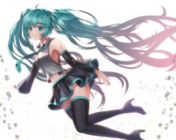 Rule 34 | 1girl, aqua eyes, aqua hair, aqua necktie, bad id, bad pixiv id, black skirt, black thighhighs, boots, breasts, clenched hand, detached sleeves, full body, gya (144), hatsune miku, high heel boots, high heels, highres, long hair, looking at viewer, medium breasts, navel, necktie, simple background, skirt, sleeveless, smile, solo, thigh boots, thighhighs, twintails, very long hair, vocaloid