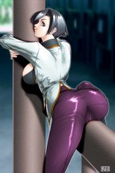 Rule 34 | 1girl, ass, bent over, black hair, breasts, cameltoe, crotch rub, elisabeth blanctorche, grey eyes, highres, large breasts, looking back, pantyhose, qkat (arikawa-dou), short hair, sideboob, skin tight, smile, snk, solo, straddling, the king of fighters