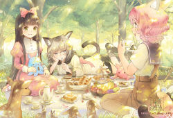 Rule 34 | 3girls, animal ears, apple, banana, basket, bird, black footwear, black hair, blue eyes, blunt bangs, bow, bread, brown eyes, brown hair, brown pants, bug, butterfly, cake, cat ears, cat tail, cherry, cookie, creature, cup, dappled sunlight, deer, dog ears, dog tail, doily, dress, eyelashes, food, forest, fork, fruit, grapes, grass, green eyes, grin, hair bow, happy, head rest, holding, holding cup, holding fork, hood, hood down, hoodie, insect, juliet sleeves, lace trim, lemon, long hair, long sleeves, looking at another, lying, mary janes, mouth hold, multiple girls, nature, no shoes, on ground, on stomach, orange (fruit), original, outdoors, pants, petals, picnic, picnic basket, pink bow, pink dress, pink footwear, pink hair, plate, pom pom (clothes), profile, puffy sleeves, rabbit, sailor collar, saucer, shirt, shoes, short hair, short sleeves, sidelocks, sitting, skirt, smile, socks, squirrel, striped clothes, striped legwear, striped socks, sugar cube, sunlight, suspenders, tablecloth, tail, tea, teacup, teapot, tiered tray, tree, wariza, watermark, wavy hair, web address, white legwear, white shirt, xiangtu
