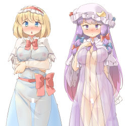 Rule 34 | 2girls, alice margatroid, arnest, bad id, bad pixiv id, bar censor, blonde hair, blue bow, blue dress, blue eyes, blush, bow, breast hold, breasts, capelet, censored, commentary request, dress, hair bow, hairband, hat, highres, long hair, looking at viewer, medium breasts, medium hair, mob cap, multiple girls, navel, nipples, no bra, no panties, patchouli knowledge, purple dress, purple eyes, purple hair, purple headwear, red bow, red hairband, see-through, simple background, striped clothes, striped dress, touhou, white background, white capelet