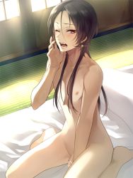 Rule 34 | 10s, 1boy, adzuma nishi, androgynous, bar censor, black hair, blush, censored, earrings, indoors, jewelry, kashuu kiyomitsu, long hair, looking at viewer, male focus, mole, mole under mouth, nipples, nude, one eye closed, open mouth, penis, personification, red eyes, sitting, solo, teeth, tongue, touken ranbu, yawning