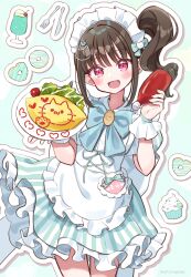 Rule 34 | absurdres, alternate costume, blush, bow, bowtie, brown hair, cat hair ornament, cupcake, doughnut, dress, drink, enmaided, food, fork, frilled dress, frills, hair ornament, heart, highres, hiiragi syuu, holding, holding plate, ice cream, ice cream float, ketchup, knife, lettuce, long hair, looking at viewer, maid, maid headdress, name tag, nekoyashiki mayu, omelet, omurice, open mouth, pink eyes, plate, precure, short sleeves, side ponytail, smile, striped clothes, striped dress, translation request, wonderful precure!, wrist cuffs