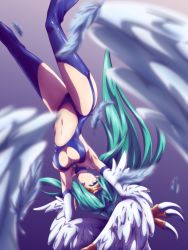 Rule 34 | 1girl, armpits, bare shoulders, breasts, circlet, cleavage, duel monster, feathered wings, feathers, garter straps, green hair, hair over one eye, harpie queen, harpy, highres, kagyu dd, large breasts, long hair, monster girl, navel, pointy ears, ponytail, purple eyes, revealing clothes, solo, upside-down, very long hair, white feathers, white wings, winged arms, wings, yu-gi-oh!