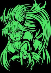 Rule 34 | 1girl, breasts, cleavage, ex-keine, fangs, female focus, green theme, horns, kamishirasawa keine, long hair, macaroni and cheese (artist), monochrome, open mouth, outstretched arm, solo, touhou