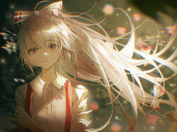 Rule 34 | 1girl, ahoge, bow, burnt clothes, buttons, collared shirt, commentary, fingernails, floating hair, fujiwara no mokou, hair between eyes, hair bow, highres, holding own arm, long hair, looking at viewer, misin322, parted lips, ponytail, red eyes, shirt, suspenders, torn clothes, touhou, upper body, white bow, white shirt