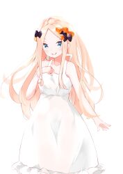 Rule 34 | 1girl, abigail williams (fate), absurdres, bare arms, bare shoulders, black bow, blonde hair, blue eyes, blush, bow, closed mouth, collarbone, commentary, dress, fate/grand order, fate (series), forehead, frilled dress, frills, hair bow, hand up, highres, long hair, looking at viewer, orange bow, parted bangs, simple background, sleeveless, sleeveless dress, smile, solo, very long hair, white background, yukaa