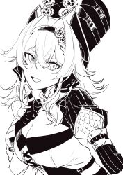 Rule 34 | 1girl, :d, absurdres, breasts, cleavage, gears, gloves, greyscale, hair between eyes, hair intakes, hairband, hand up, hat, highres, honkai (series), honkai impact 3rd, large breasts, looking at viewer, monochrome, open mouth, puffy short sleeves, puffy sleeves, short sleeves, simple background, smile, solo, top hat, upper body, vill-v, vx7bj, white background