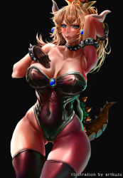 Rule 34 | 1girl, absurdres, artist name, artofkuzu, bare shoulders, black background, black footwear, black gloves, black leotard, blonde hair, blue gemstone, blush, boots, bowsette, bracelet, breasts, brooch, collar, collarbone, earrings, embers, explosion, fang, fang out, gem, gloves, gluteal fold, green eyes, hair between eyes, hand in own hair, hand on own chest, highres, horns, jewelry, large breasts, leotard, light particles, lipstick, looking at viewer, makeup, mario (series), neck, new super mario bros. u deluxe, nintendo, red lips, shiny clothes, shiny skin, simple background, slit pupils, solo, spiked bracelet, spiked collar, spiked shell, spiked tail, spikes, strapless, strapless leotard, super crown, tail, thick thighs, thigh boots, thigh gap, thighhighs, thighs, wide hips