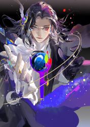 Rule 34 | 1boy, absurdres, angel, black hair, blue eyes, chinese commentary, ciafer, commentary request, gem, gloves, hand up, highres, lips, long hair, looking at viewer, lord of the mysteries, mr. door, ripple star, space, watermark, white gloves