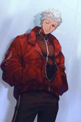 Rule 34 | 1boy, archer (fate), black shirt, brown eyes, cowboy shot, dark skin, dark-skinned male, fate/stay night, fate (series), hands in pockets, highres, hikaru (asteriskring), jacket, long hair, long sleeves, male focus, official alternate costume, one eye closed, open clothes, open jacket, pants, pectorals, red jacket, shirt, smile, solo, standing, tight shirt, track jacket, track pants, white hair