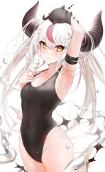 Rule 34 | 1girl, absurdres, animal, animal on head, arm strap, arm up, armpits, bird, bird on head, black one-piece swimsuit, blush, crow (la+ darknesss), demon horns, hair between eyes, hair ornament, hand up, highres, hololive, horns, la+ darknesss, long hair, looking at viewer, multicolored hair, on head, one-piece swimsuit, pink hair, pointy ears, simple background, solo, standing, streaked hair, swimsuit, very long hair, virtual youtuber, wanne, wet, white background, white hair, x hair ornament, yellow eyes, zzz