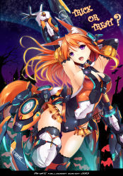 Rule 34 | 1girl, :d, alternate costume, animal ears, arm behind head, armor, armpits, arms up, bat (animal), black thighhighs, bodysuit, boots, breasts, brown hair, castle, cleavage, cleavage cutout, clothing cutout, covered navel, cross, dated, elbow gloves, english text, fang, fangs, fatkewell, floating hair, fox ears, fox tail, gloves, gradient hair, halloween, halterneck, hip vent, jack-o&#039;-lantern, large breasts, leg lift, leotard, light particles, lights, looking at viewer, mecha musume, microskirt, multicolored hair, necktie, neon trim, night, night sky, open mouth, orange hair, original, outdoors, pleated skirt, polearm, purple eyes, rika eastre, showgirl skirt, sideboob, skirt, sky, smile, spear, star (sky), starry sky, tail, thighhighs, tree, trick or treat, turtleneck, weapon, white thighhighs, zipper