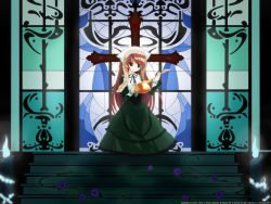 Rule 34 | 00s, brown hair, candle, church, cross, heterochromia, highres, rozen maiden, solo, stained glass, stairs, suiseiseki, wallpaper