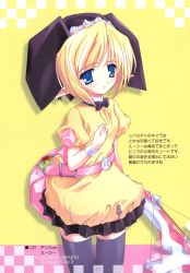 Rule 34 | 1girl, 5pb., adagio solo 3 innocence, apple, archery, artist name, bag, belt, belt skirt, black skirt, black thighhighs, blonde hair, blue eyes, blush, bow, bow (weapon), bowtie, breasts, buttons, cowboy shot, crossbow, elf, food, fruit, g- factory, hat, highres, holding, holding weapon, large buttons, long pointy ears, looking at viewer, lucy minseard, lucy minshard, page number, parted lips, pastel chime, pastel chime continue, pleated skirt, pointy ears, puffy short sleeves, puffy sleeves, ribbon trim, rubik&#039;s cube, scan, shadow, short hair, short sleeves, skirt, small breasts, solo, standing, striped, striped background, sugiyama genshou, thigh gap, thighhighs, warrior, weapon, wristband, yellow background, zettai ryouiki, zipper