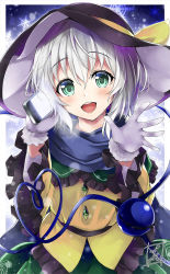 Rule 34 | 1girl, :d, blouse, blue scarf, breath, buttons, cellphone, commentary request, eyeball, eyelashes, floral print, fur, gloves, green eyes, green skirt, grey hair, hat, hat ribbon, heart, heart of string, komeiji koishi, long sleeves, looking at viewer, open mouth, phone, ribbon, rose print, scarf, shirt, short hair, signature, skirt, smartphone, smile, snow, snowflakes, solo, talking on phone, teeth, third eye, tirotata, tongue, touhou, two-tone background, using phone, waving, wide sleeves, yellow ribbon, yellow shirt