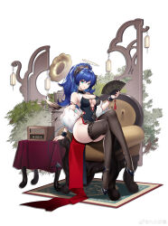 Rule 34 | 1girl, absurdres, alternate costume, alternate hairstyle, aqua eyes, arknights, armchair, armlet, bare shoulders, black dress, black footwear, blue hair, breasts, carpet, chair, chestnut mouth, china dress, chinese clothes, cleavage, closed mouth, commentary request, crossed legs, demon horns, demon tail, dress, energy wings, fishnet thighhighs, fishnets, fur shawl, halo, hand fan, high heels, highres, holding, holding fan, horns, jiusan naitang, long hair, looking at viewer, mostima (arknights), no panties, phonograph, ponytail, radio, red nails, shawl, sitting, sleeveless, sleeveless dress, solo, table, tablecloth, tail, tassel, thighhighs, underboob, white shawl, wide shot, wrist cuffs