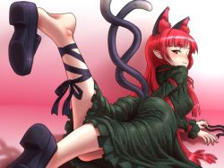 Rule 34 | 1girl, :3, animal ears, ass, cat ears, cat girl, cat tail, dress, extra ears, feet, female focus, from behind, green dress, hair down, kaenbyou rin, kezune (i- -i), long hair, looking at viewer, looking back, lying, multiple tails, nekomata, no socks, on stomach, pointy ears, red eyes, red hair, resized, ribbon, shoe dangle, shoes, soles, solo, tail, touhou, upscaled